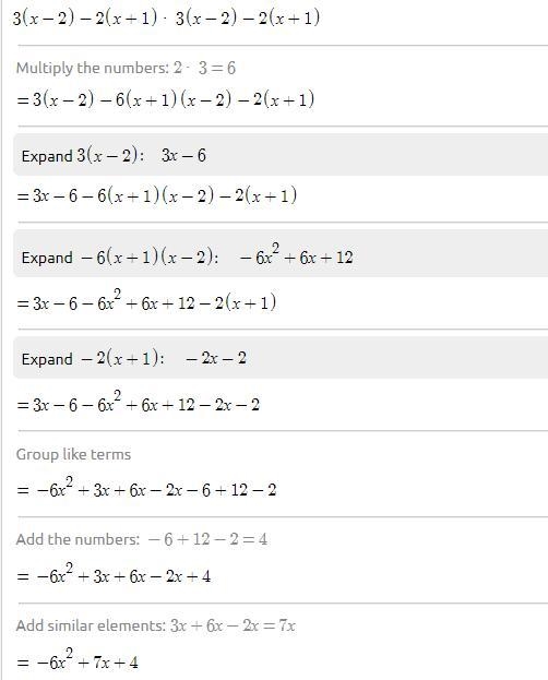 Simplify the expression and combine like terms. 3(x-2)-2(x+1)3(x−2)−2(x+1)-example-1