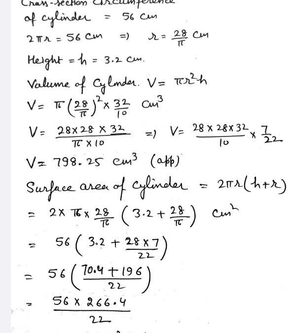 A cylinder has a cross-section circumference of 56cm. The height of the cylinder is-example-1