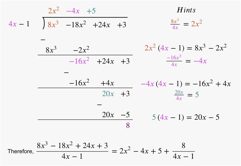 Use the long division method to find the result when 8x^3-18x^2+24x+3 is divided by-example-1