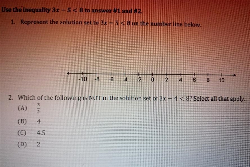 Use the inequality 3x – 5 < 8 to answer #1 and #2. 1. Represent the solution set-example-1