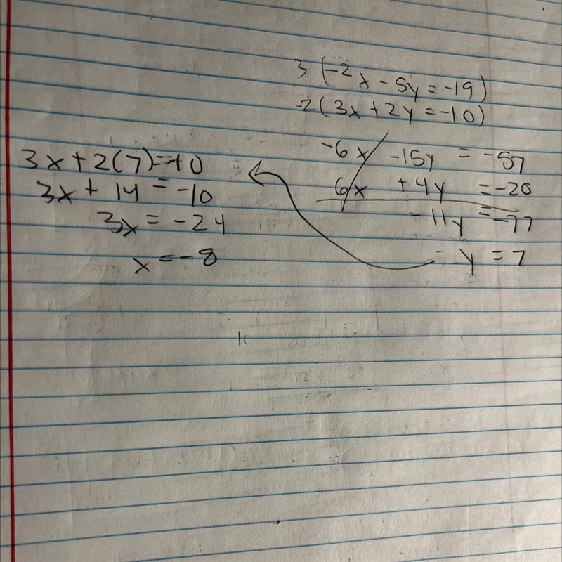 Solve for elimination 1.−2x−5y=−19 2.3x+2y=−10-example-1