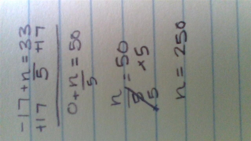 Solve the following equation, and check your solution. Show all of your work. −17+n-example-1