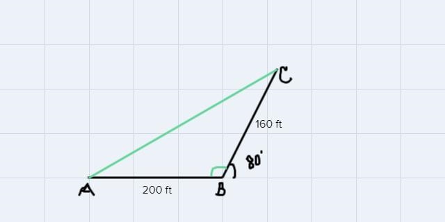 To approximate the length of the pond, you walk 200 ft from point A to point B, turn-example-1