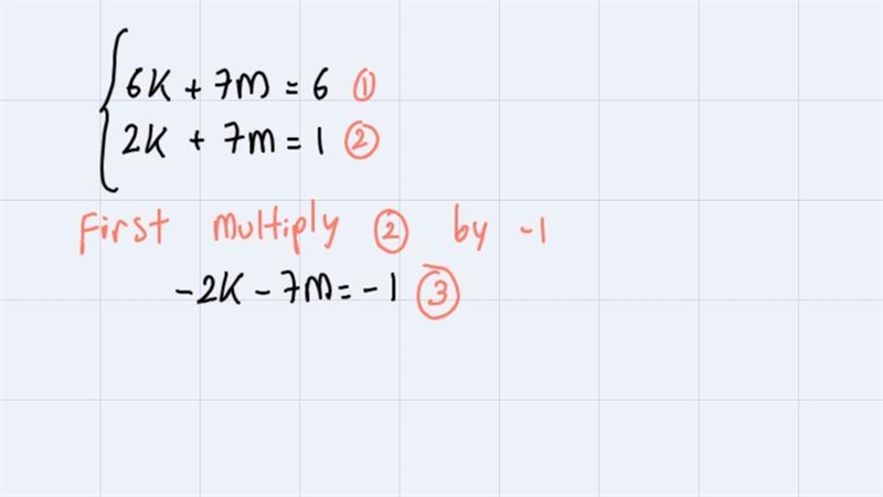 Solve for k and m. 6k +7m=6 and 2k +7m =1-example-1