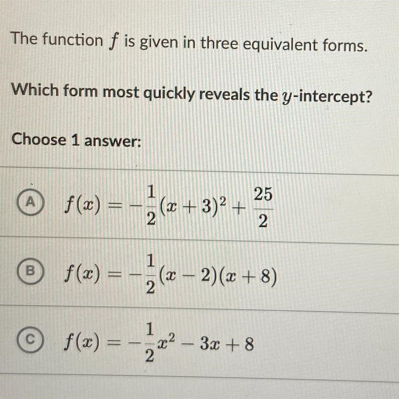 The function f is given in three equivalent forms. Which form most quickly reveals-example-1