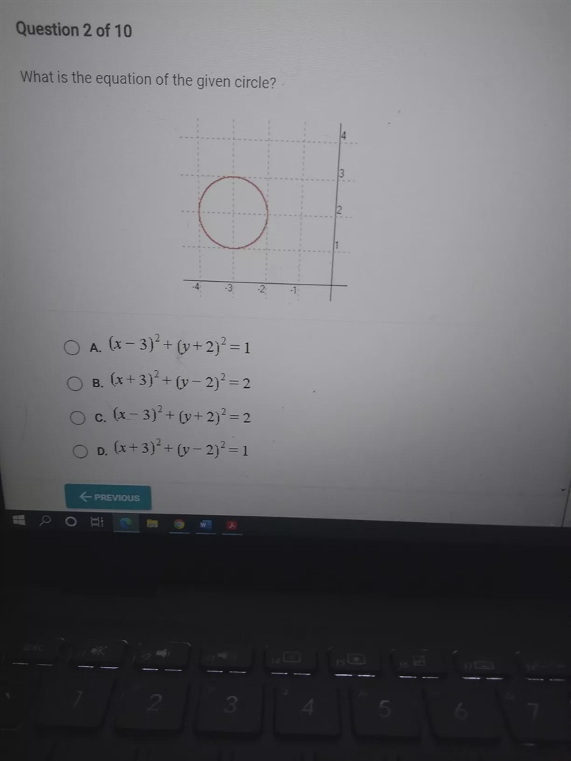 What is the equation of the given circle? O A. (x-3) + (y + 2)2 = 1 O B. (x+3)+ (v-example-1