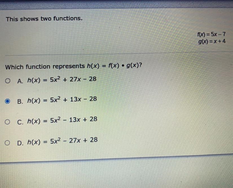 This shows two functions. f(x)=5x-7 g(x)=x+4 which function represents h(x) = f(x-example-1