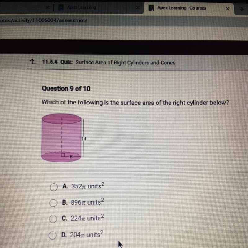 Which of the following is the surface area of the right cylinder below?-example-1