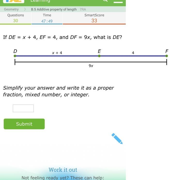 If DE = x + 4, EF = 4, and DF = 9x, what is DE?-example-1