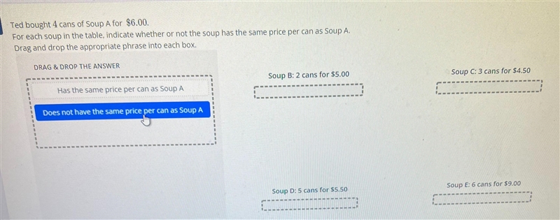 Tell me if Soup B, Soup C, Soup D, and Soup E either have the same price per can as-example-1