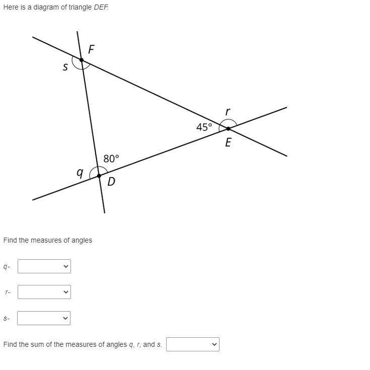 Ere is a diagram of triangle DEF. Find the measures of angles q- r- s- Find the sum-example-1