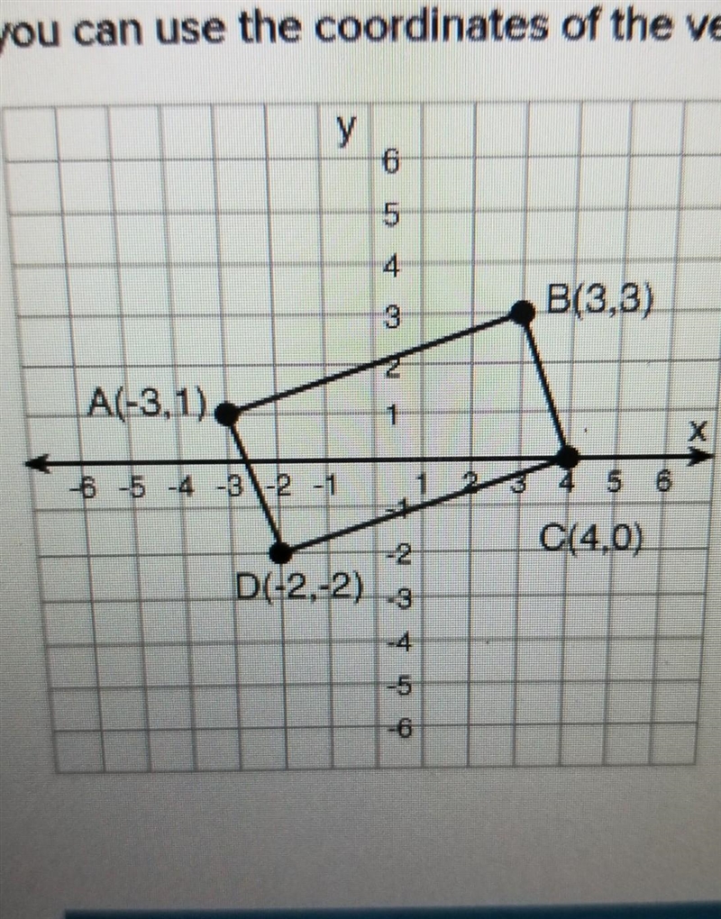 parallelogram ABCD has vertices A(-3, 1) B (3, 3) C (4, 0) and D(-2,-2) in two or-example-1