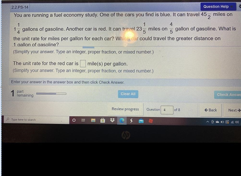 You are running a fuel economy study. One of the cars you find is blue. It can travel-example-1