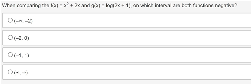 When comparing the f(x) = x2 + 2x and g(x) = log(2x + 1), on which interval are both-example-1