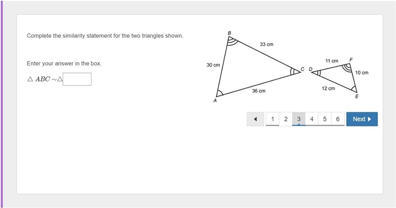 Complete the similarity statement for the two triangles shown. Enter your answer in-example-1