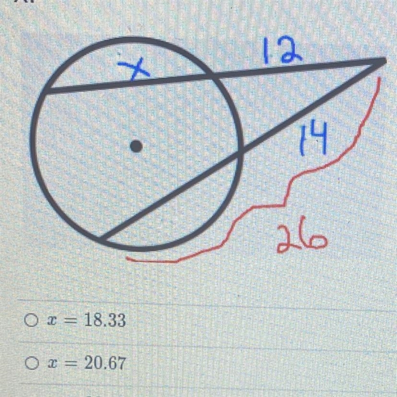 With the two secants intersecting outside the circle, what is the length of the section-example-1