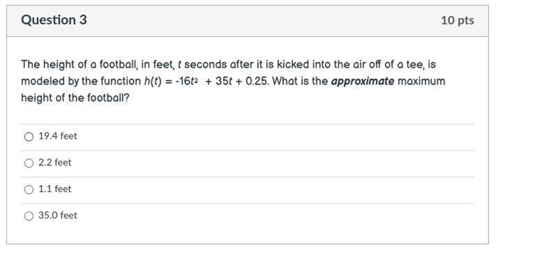 The height of a football, in feet, t seconds after it is kicked into the air off of-example-1