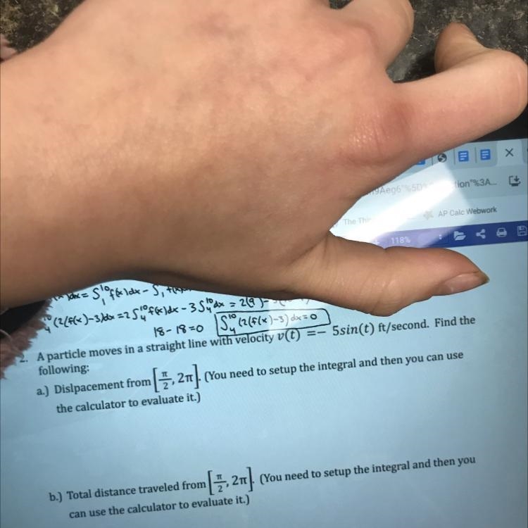 Find the displacement from (pi/2,2pi) and find the total distance traveled from (pi-example-1