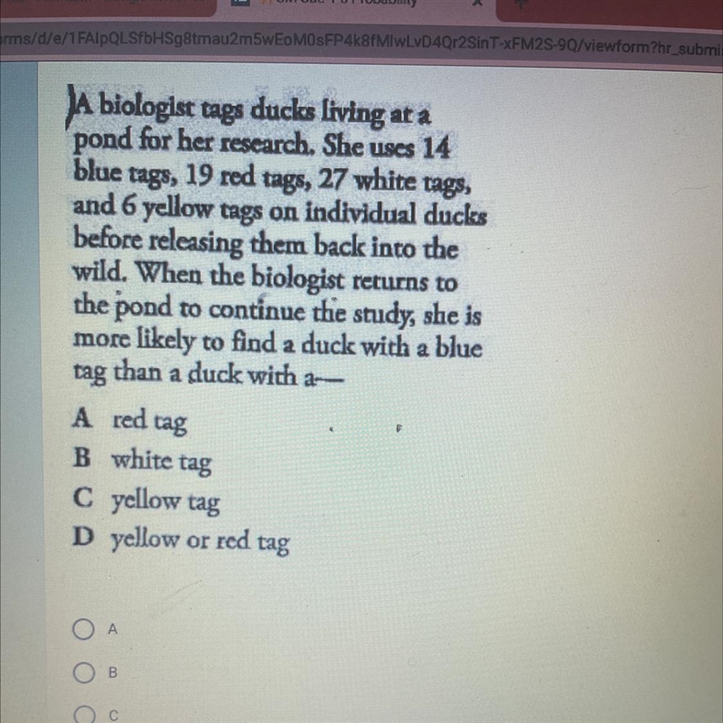 JA biologist tags ducks living at apond for her research. She uses 14blue tags, 19 red-example-1