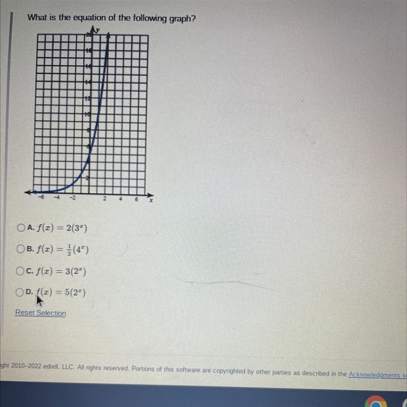 What is the equation of the following graph?A. f(x) = 2(3")OB. f(x) = (4&quot-example-1