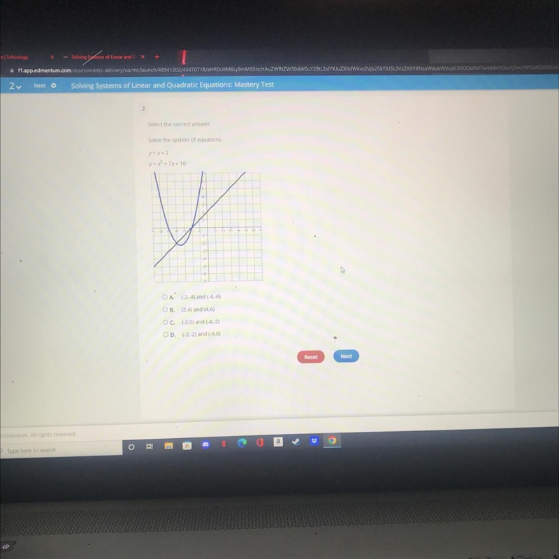 Solve the system of equations.y=x+2y=x² +7x+10INOA (-2-4) and (4-6)OB (2.4) and (4.6)OC-example-1