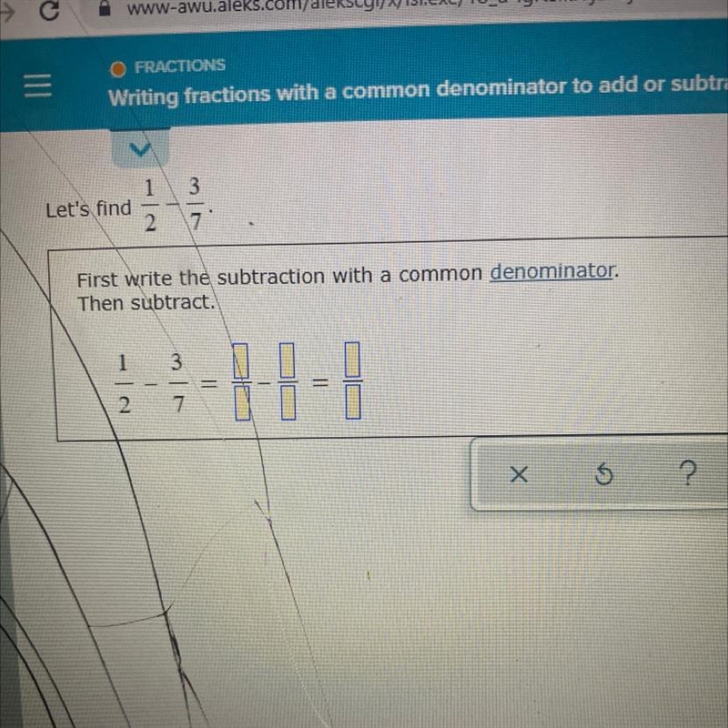 13Let's find27First write the subtraction with a common denominator.Then subtract-example-1