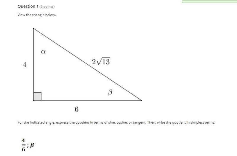 View the triangle below.For the indicated angle, express the quotient in terms of-example-1