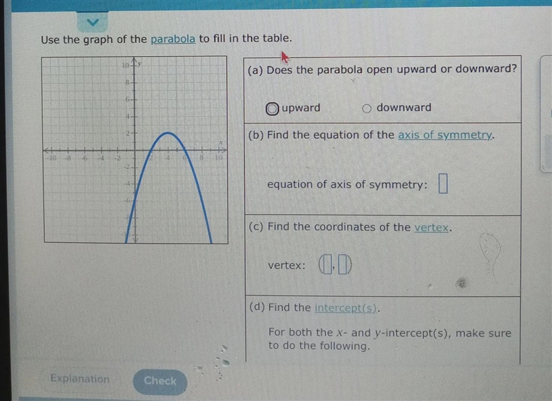 Use the graph of the parabola to full in the table-example-1