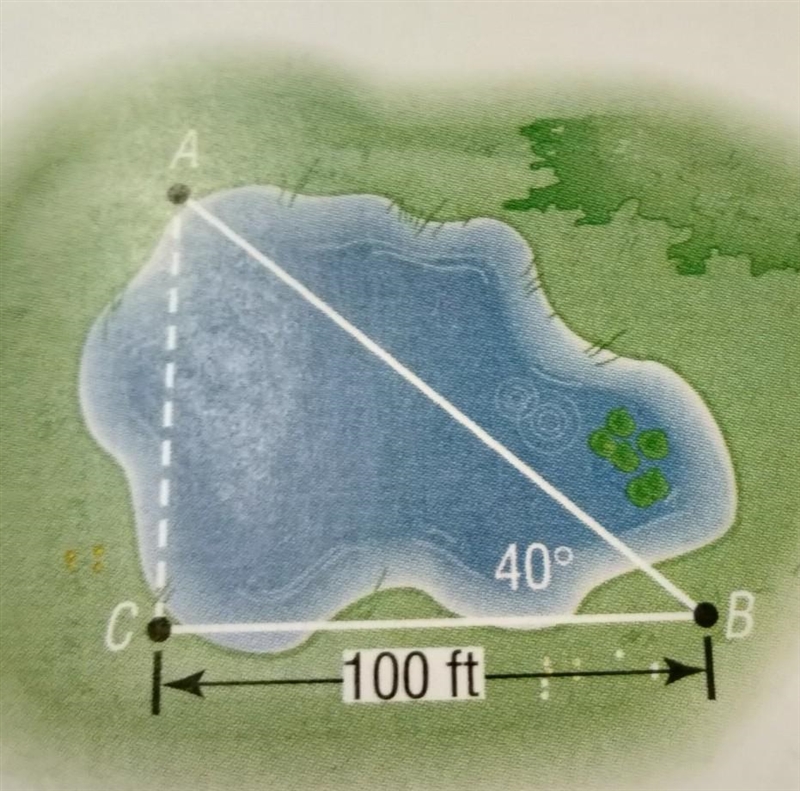 NO LINKS!! Finding the Distance across a Pond: Find the distance from A to C across-example-1