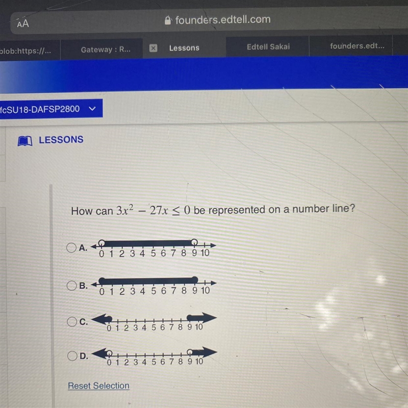 How can 3x² - 27x ≤ 0 be represented on a number line?-example-1