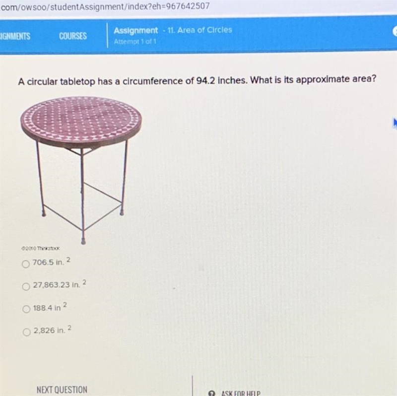 A circular tabletop has a circumference of 94.2 inches. What is its approximate area-example-1