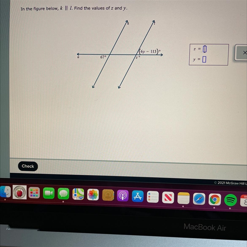 In the figure, k//l, find the values of z and y.-example-1