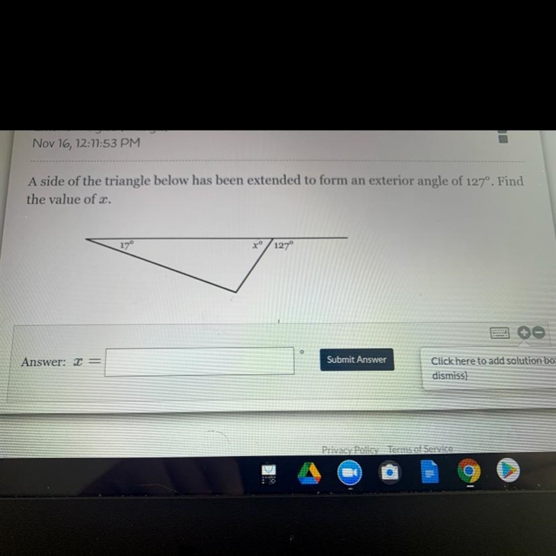 A side of the triangle below has been extended to form an exterior angle of 127°. Findthe-example-1