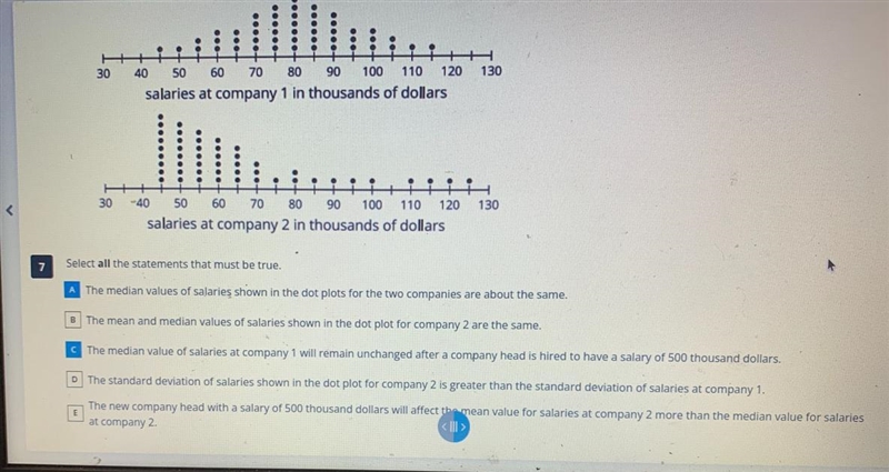 The dot plots show the salaries for the employees at two small companies before a-example-1