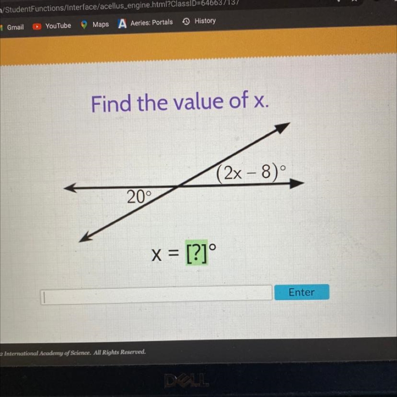 Find the value of x. 20° x = [?]° (2x-8)°-example-1