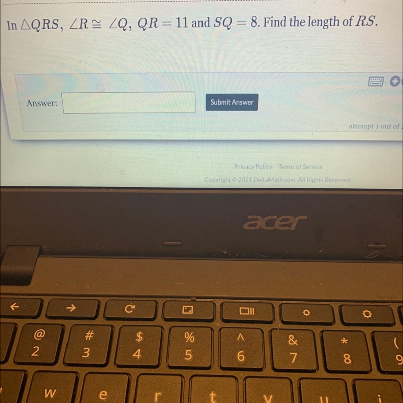 In AQRS, ZR = ZQ, QR = 11 and SQ = 8. Find the length of RS.-example-1