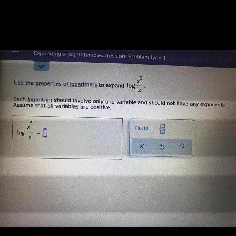 Use the properties of logarithms to expand logEach logarithm should involve only one-example-1