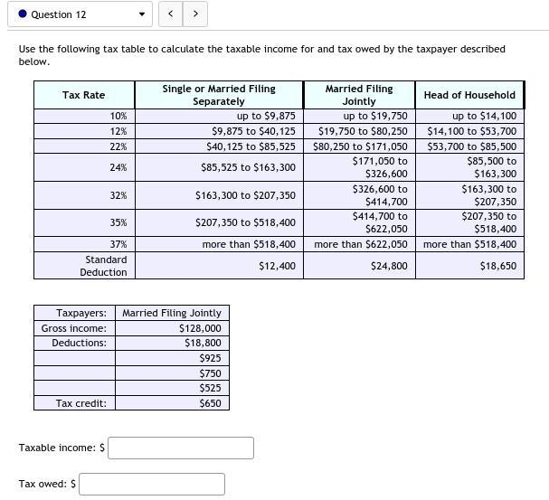 12. Use the following tax table to calculate the taxable income for and tax owed by-example-1