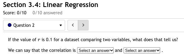 2. If the value of r is 0.1 for a dataset comparing two variables, what does that-example-1