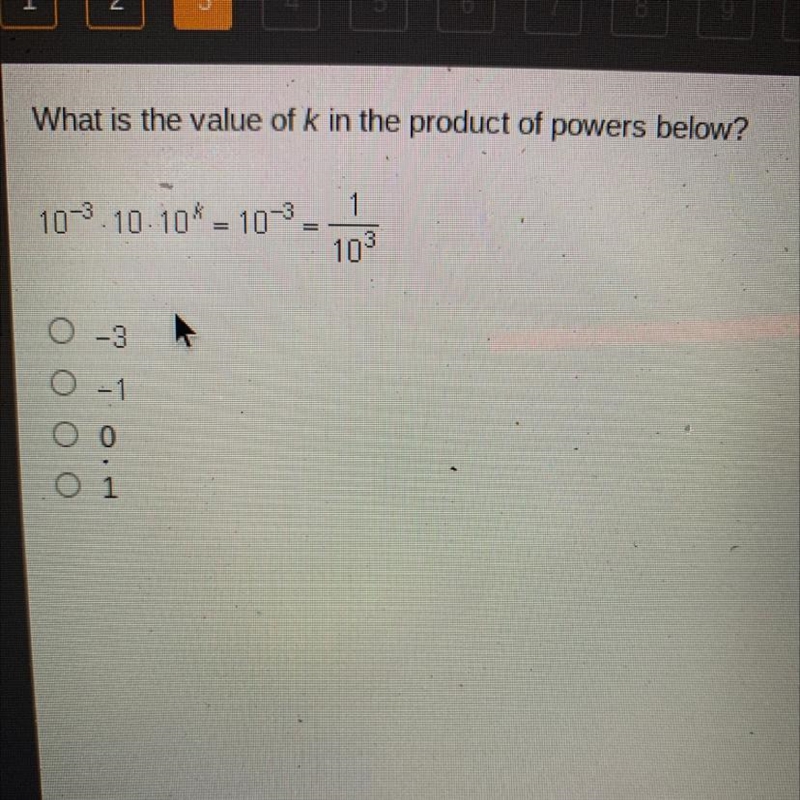 What is the value of k in the product of powers below?110 10.10 - 10-³==10³0 -3AO-example-1