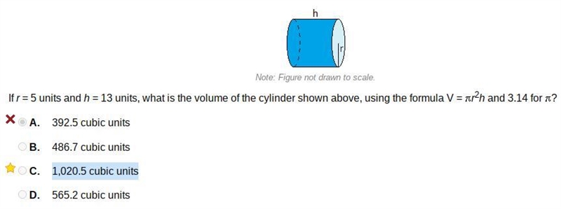 If r = 5 units and h = 13 units, what is the volume of the cylinder shown above, using-example-1