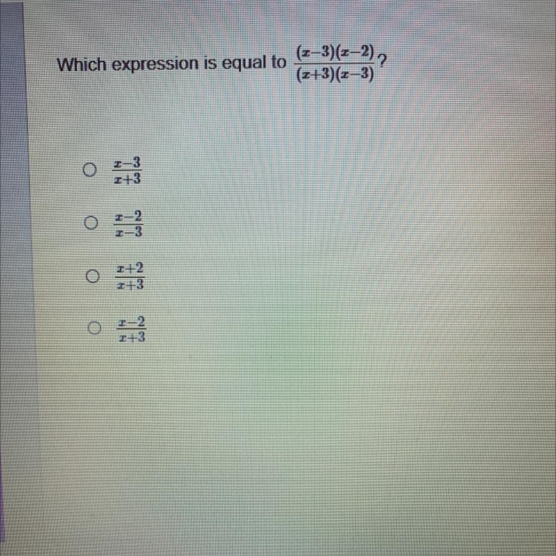 PLEASE HELP !!!Which expression is equal to (2-3)(z-2), (x+3)(2-3) -3 +3 O 2+2 +3 0 I-example-1