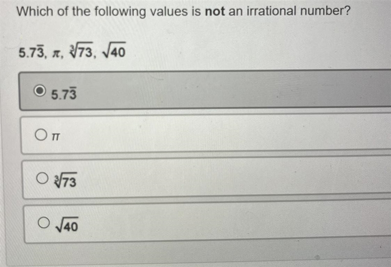 ASAP!! Which one is not an irrational number? I believe it’s A but I just want to-example-1