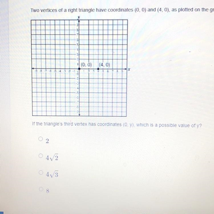 Two vertices of a right triangle have coordinates (0,0) and (4.0), as plotted on the-example-1