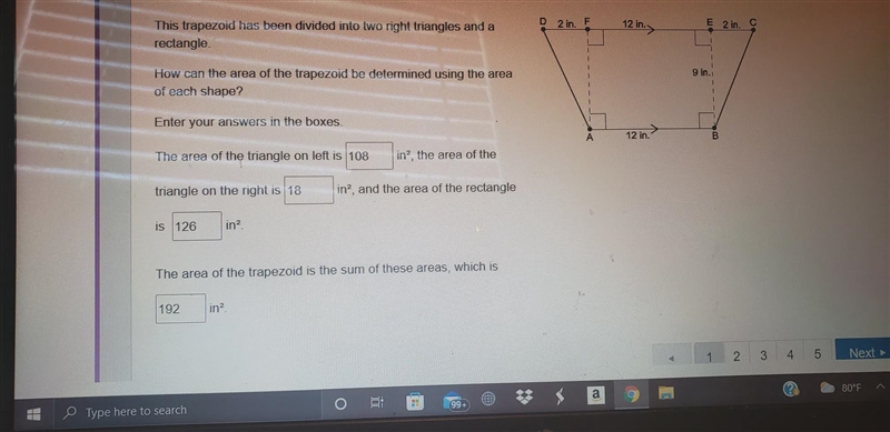 D 2 in F 12 in E 2 in, This trapezoid has been divided into two right triangles and-example-1