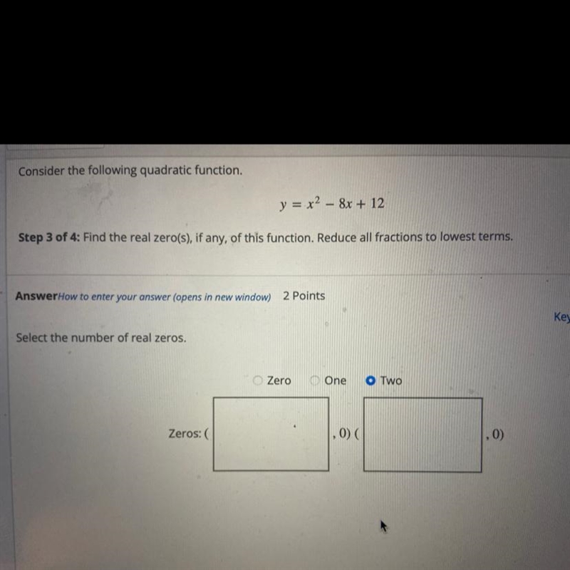 Consider the following quadratic equation. Find the real zeros, if any, of this function-example-1