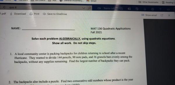 Word Problem " I need help solving this problem using quadratic equations.I need-example-1