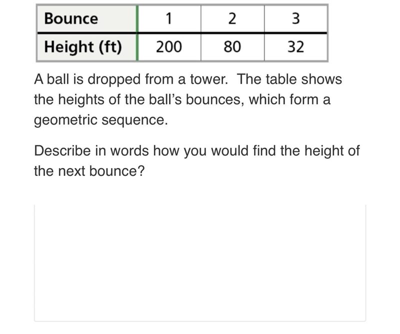 A ball is dropped from a tower. The table shows the heights of the ball's bounces-example-1