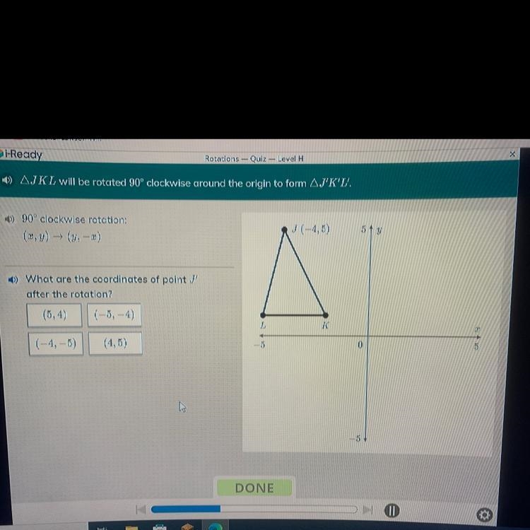 ) AJKL will be rotated 90° clockwise around the origin to form AJ'K'I'.) 90clockwise-example-1