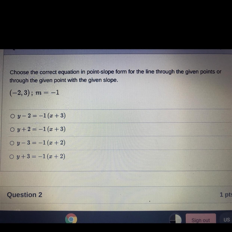 Choose the correct equation in point slope form for the line through the given points-example-1